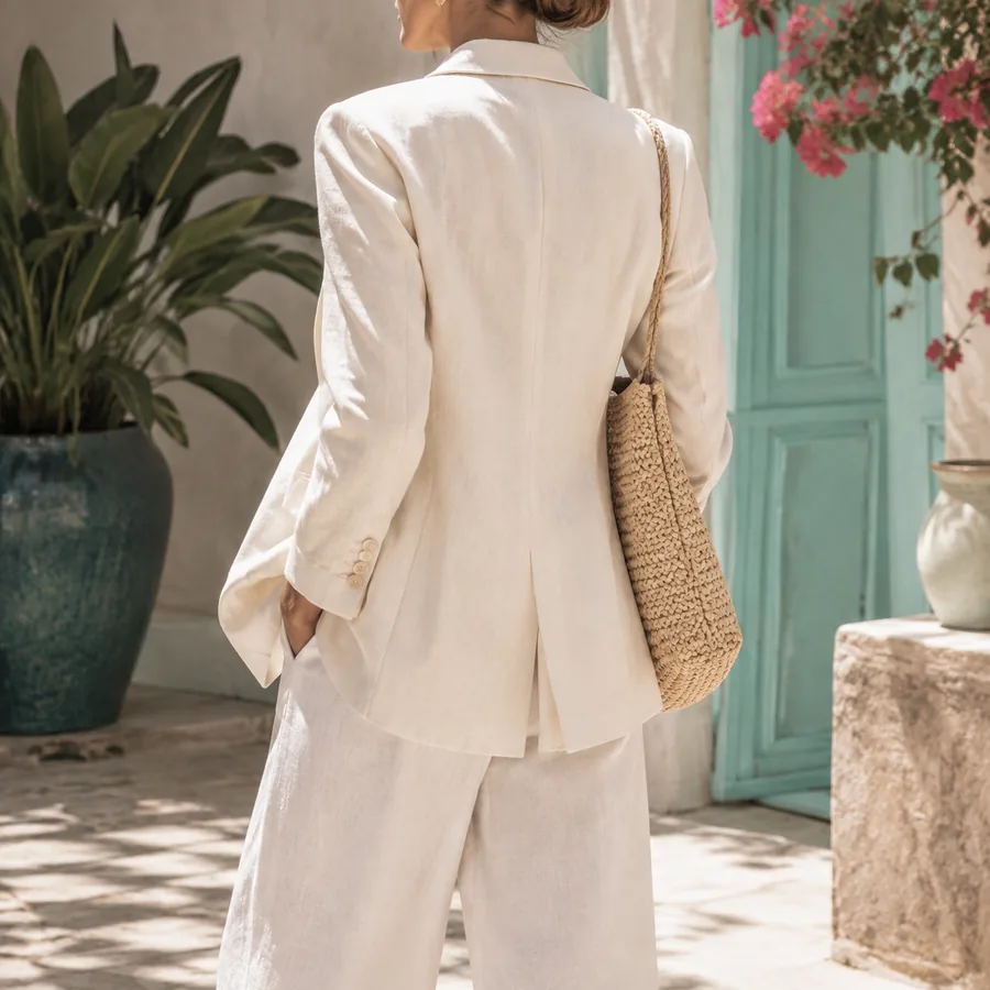 Example of an ivory suit styled in a warm courtyard