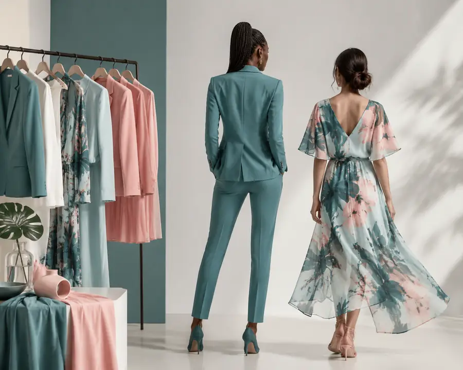 Fashion garment presented on a generated model in an editorial setting
