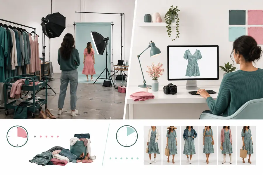 Fashion image comparison workflow showing the Fashn side of a product visualization test