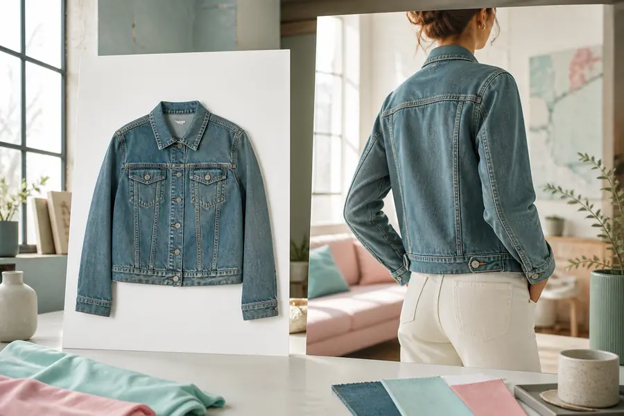 Editorial fashion output with a garment presented in a polished setting