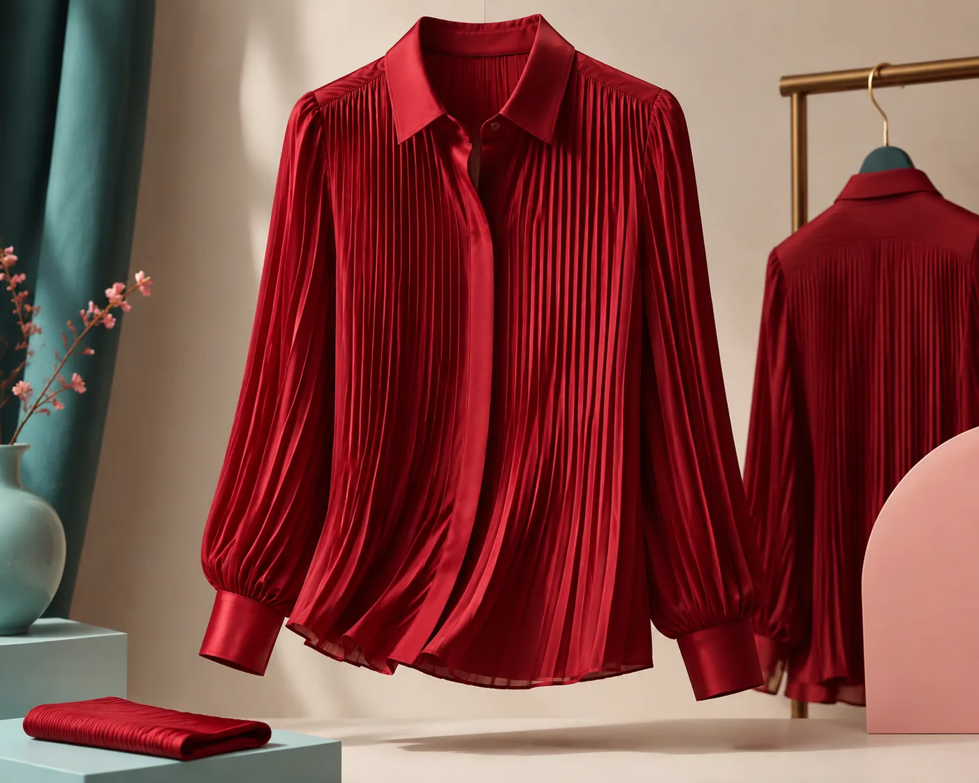 Ruby pleated blouse photographed as a clean product