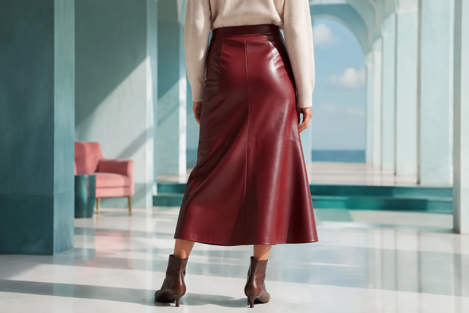 Model wearing a ruby blouse in an editorial setting